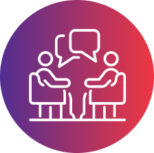 Icon of two people talking sitting across from each other.